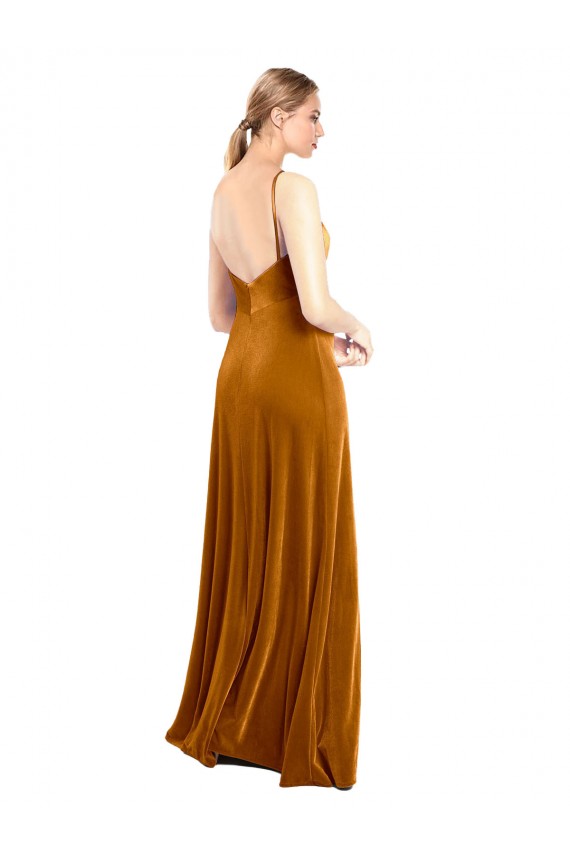Oro línea A Tirantes espagueti Terciopelo Elástico Largo Vestidos de dama de honor / Vestidos de fiesta