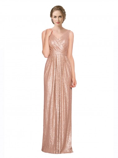 Oro rosa Cubierta Cuello en V Lentejuela Largo Formales Vestidos de dama de honor / Vestidos de fiesta
