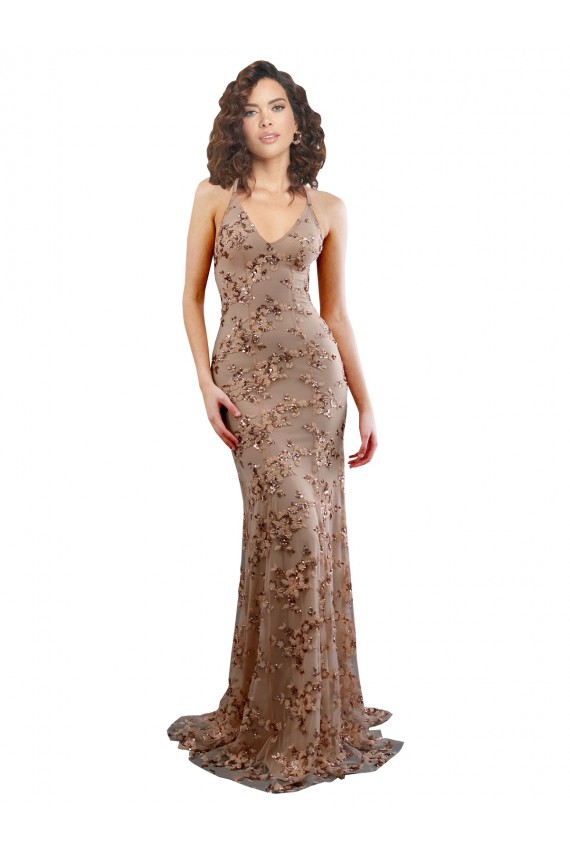 Oro rosa Sirena Cuello en V Cuello Alto Crepé Elástico Lentejuela Tul Largo Formales Vestidos de dama de honor / Vestidos de fiesta