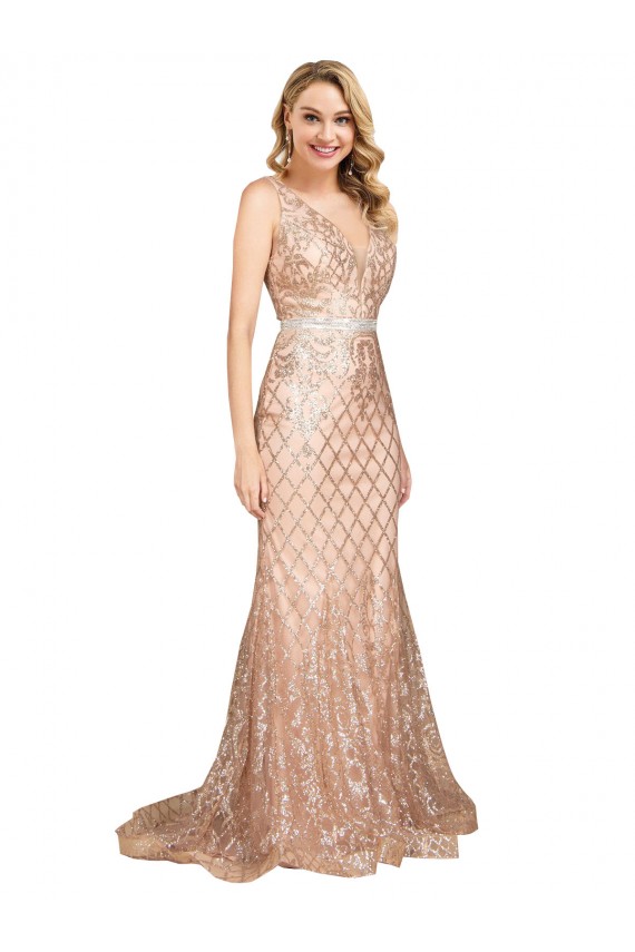 Oro rosa Sirena Cuello en V Lentejuela Lentejuelas brillantes Largo Formales Vestidos de dama de honor / Vestidos de fiesta