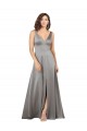 Pearl Grey línea A Cuello en V Satén sedoso Largo Formales Vestidos de dama de honor / Vestidos de fiesta