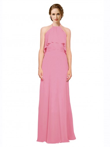 Piel rosa línea A Halter Cuello Alto Gasa Largo Vestidos de dama de honor