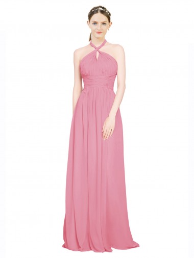 Piel rosa línea A Halter Cuello en V Gasa Largo Vestidos de dama de honor