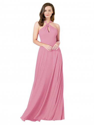 Piel rosa línea A Halter Gasa Largo Vestidos de dama de honor / Vestidos de fiesta
