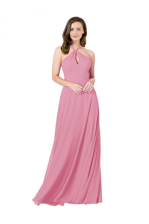Piel rosa línea A Halter Gasa Largo Vestidos de dama de honor / Vestidos de fiesta