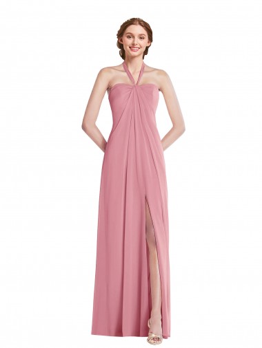 Piel rosa línea A Halter Gasa Largo Vestidos de dama de honor