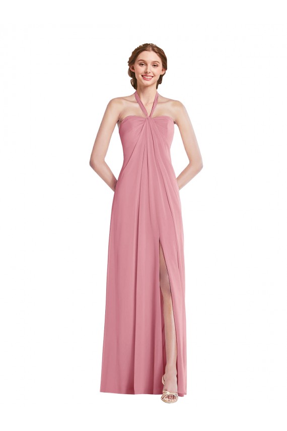 Piel rosa línea A Halter Gasa Largo Vestidos de dama de honor
