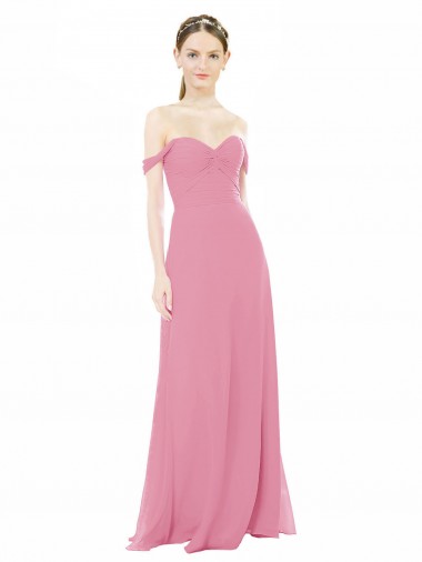 Piel rosa línea A Hombros Descubiertos Gasa Largo Vestidos de dama de honor
