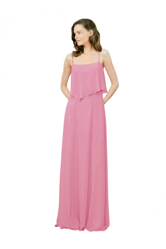 Piel rosa línea A Tirantes espagueti Gasa Largo Vestidos de dama de honor