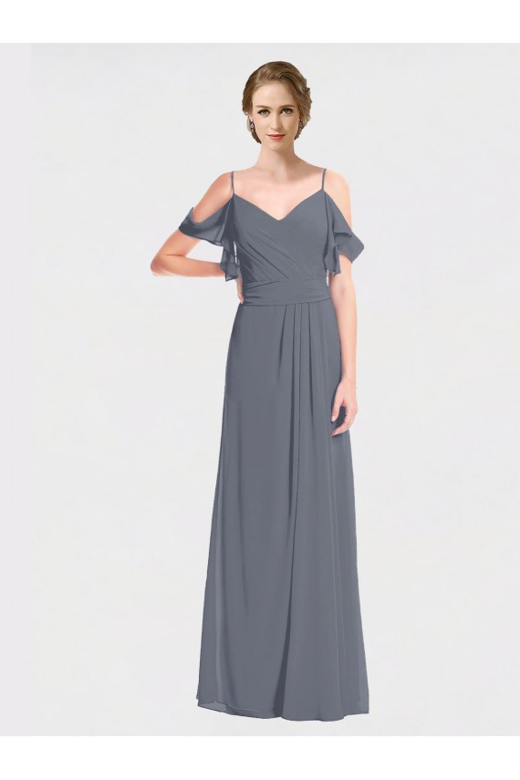 Pizarra gris línea A Hombros Descubiertos Cuello en V Gasa Largo Vestidos de dama de honor
