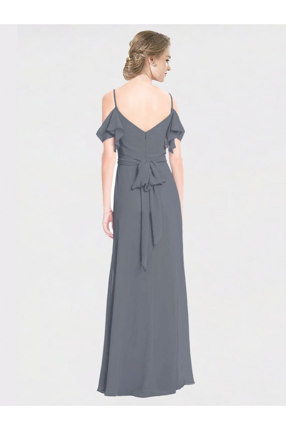 Pizarra gris línea A Hombros Descubiertos Cuello en V Gasa Largo Vestidos de dama de honor