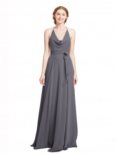 Pizarra gris línea A Tirantes espagueti Halter Gasa Largo Vestidos de dama de honor