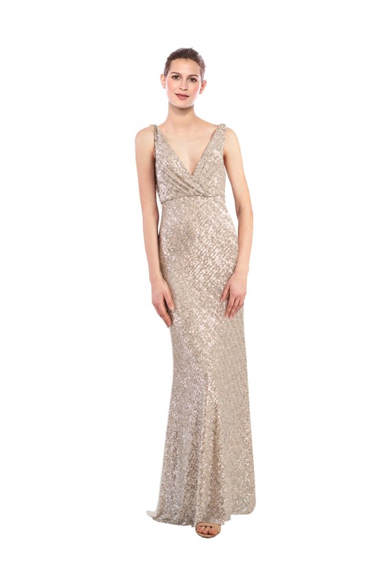 Plata Cubierta Cuello en V Lentejuela Lentejuelas brillantes Largo Formales Vestidos de dama de honor / Vestidos de fiesta