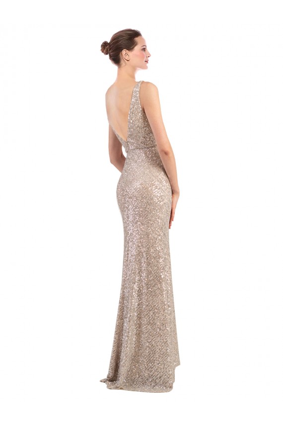 Plata Cubierta Cuello en V Lentejuela Lentejuelas brillantes Largo Formales Vestidos de dama de honor / Vestidos de fiesta