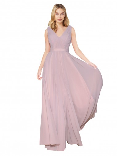 Primavera línea A Cuello en V Cuello Alto Gasa Largo Formales Vestidos de dama de honor / Vestidos de fiesta