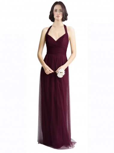Rojo 74 línea A Halter Cuello en V Tul Largo Vestidos de dama de honor