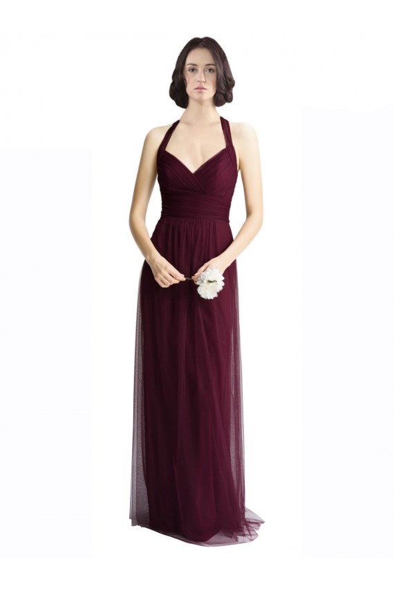 Rojo 74 línea A Halter Cuello en V Tul Largo Vestidos de dama de honor