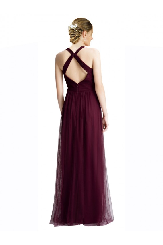 Rojo 74 línea A Halter Cuello en V Tul Largo Vestidos de dama de honor