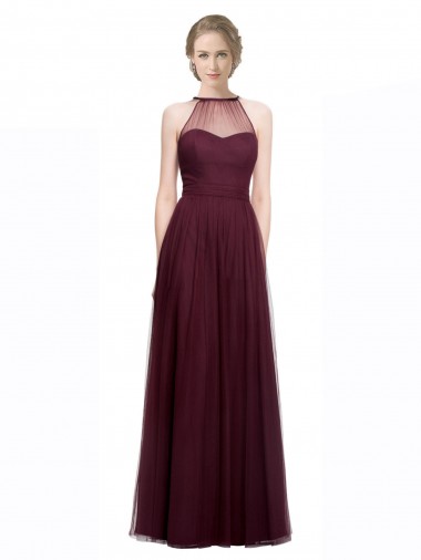 Rojo 74 línea A Halter Ilusión Tul Largo Vestidos de dama de honor