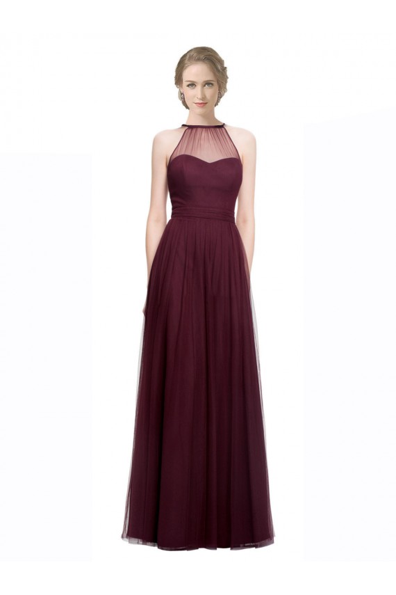 Rojo 74 línea A Halter Ilusión Tul Largo Vestidos de dama de honor