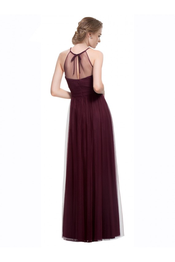 Rojo 74 línea A Halter Ilusión Tul Largo Vestidos de dama de honor