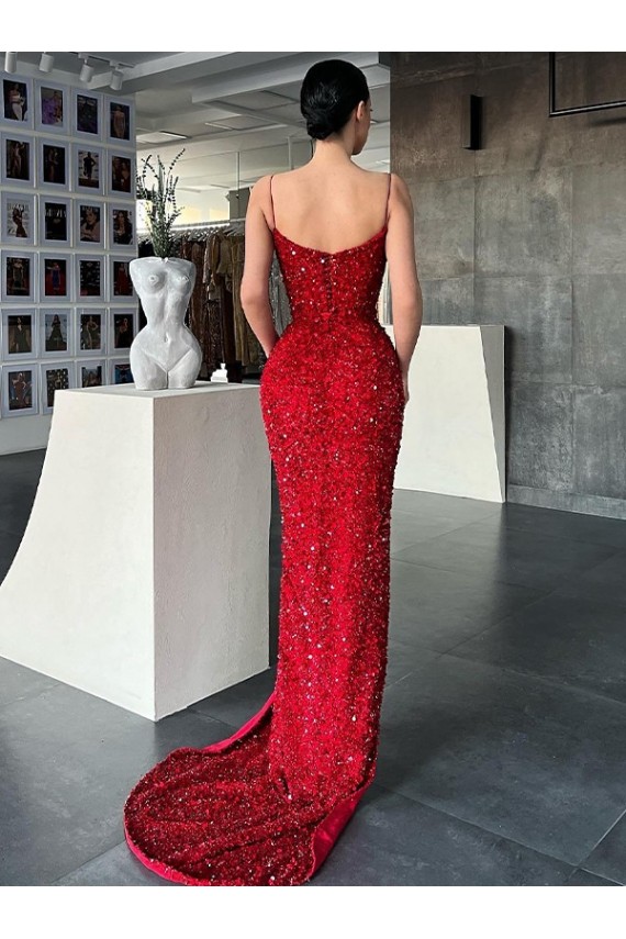 Rojo Cubierta Cuello en V Barrer tren Lentejuelas Terciopelo Largo Vestidos de fiesta