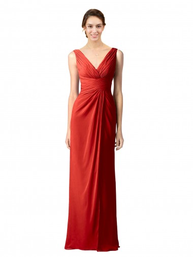 Rojo Cubierta Cuello en V Gasa Largo Vestidos de dama de honor