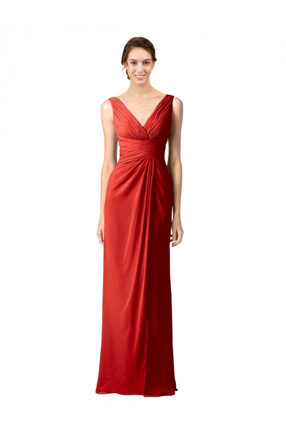 Rojo Cubierta Cuello en V Gasa Largo Vestidos de dama de honor