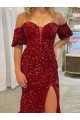 Rojo Cubierta Hombros Descubiertos Cola corte Lentejuelas Terciopelo Largo Vestidos de fiesta