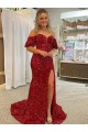 Rojo Cubierta Hombros Descubiertos Cola corte Lentejuelas Terciopelo Largo Vestidos de fiesta