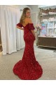 Rojo Cubierta Hombros Descubiertos Cola corte Lentejuelas Terciopelo Largo Vestidos de fiesta