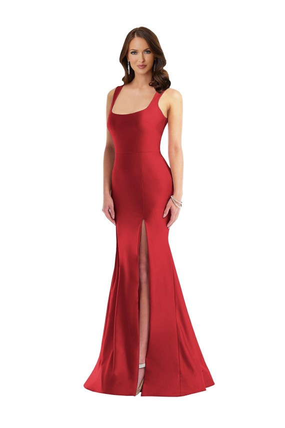 Rojo Sirena Cuadrado Satén sedoso Largo Formales Vestidos de dama de honor / Vestidos de fiesta