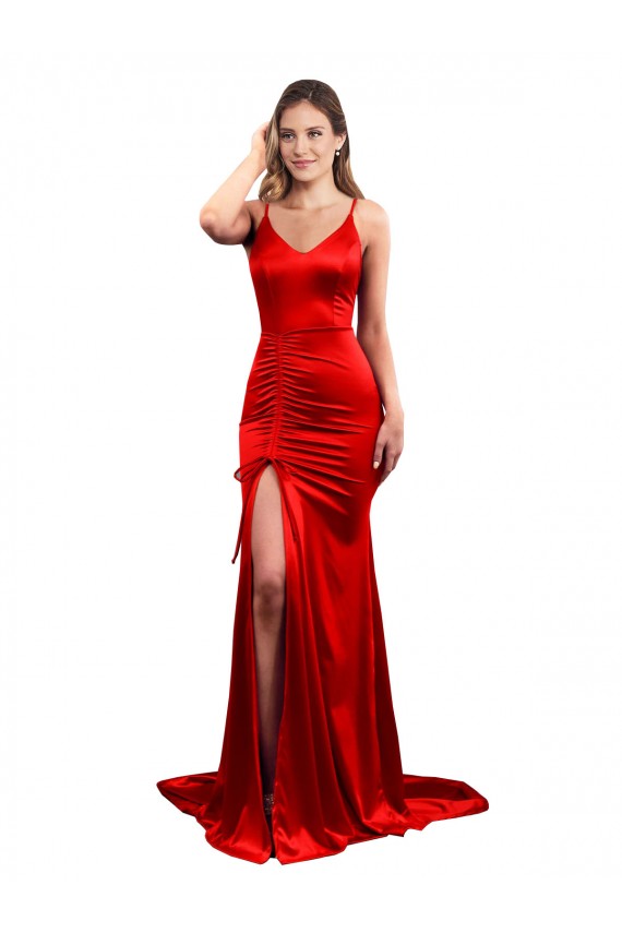Rojo Sirena Cuello de Corazón Satén elástico Largo Formales Vestidos de dama de honor / Vestidos de fiesta
