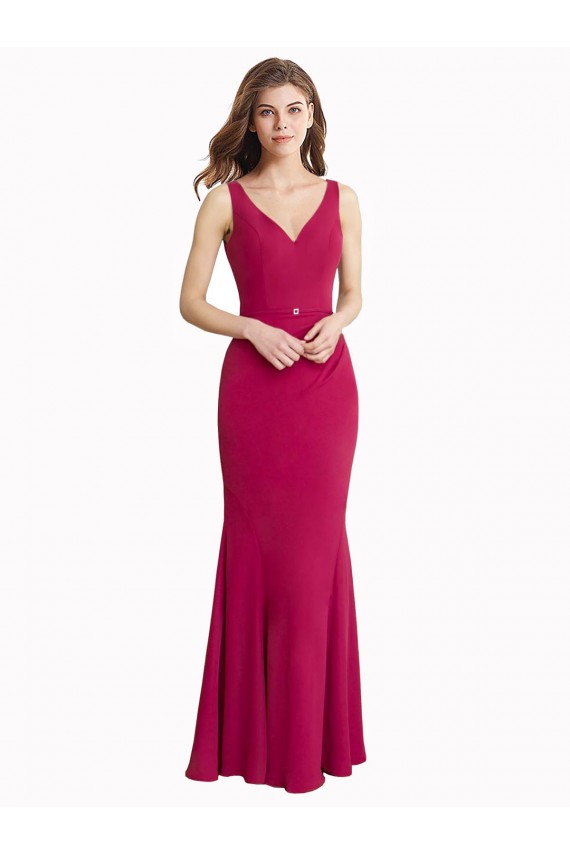 Rojo Sirena Cuello en V Cuello Alto Gasa Largo Vestidos de dama de honor / Vestidos de fiesta