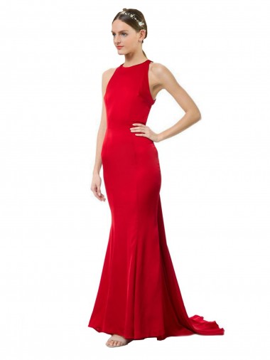 Rojo Sirena Halter Cuello Alto Crepé Elástico Largo Formales Vestidos de dama de honor / Vestidos de fiesta