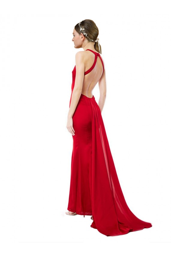 Rojo Sirena Halter Cuello Alto Crepé Elástico Largo Formales Vestidos de dama de honor / Vestidos de fiesta