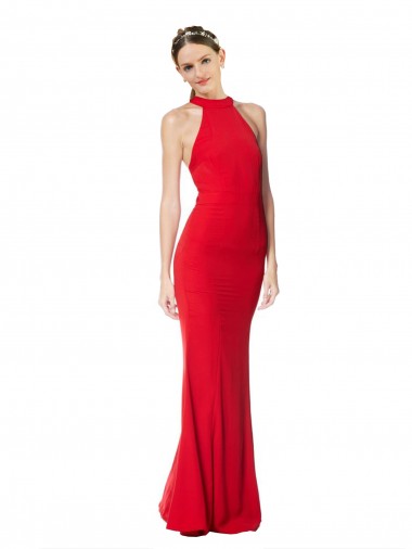 Rojo Sirena Halter Cuello Alto Crepé Elástico Largo Formales Vestidos de dama de honor / Vestidos de fiesta