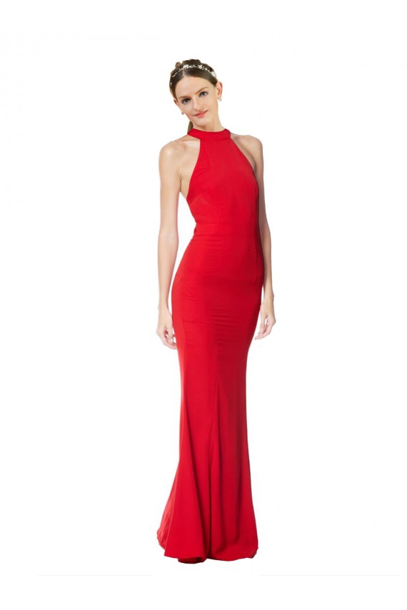 Rojo Sirena Halter Cuello Alto Crepé Elástico Largo Formales Vestidos de dama de honor / Vestidos de fiesta