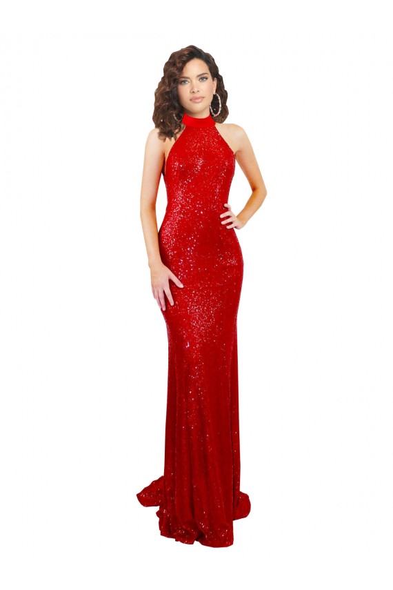 Rojo Sirena Halter Cuello Alto Lentejuela Largo Formales Vestidos de dama de honor / Vestidos de fiesta