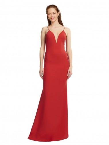 Rojo Sirena Tirantes espagueti Cuello en V Crepé Elástico Largo Formales Vestidos de dama de honor / Vestidos de fiesta
