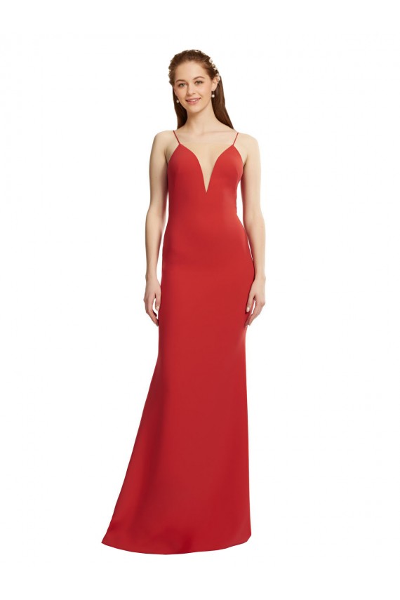 Rojo Sirena Tirantes espagueti Cuello en V Crepé Elástico Largo Formales Vestidos de dama de honor / Vestidos de fiesta