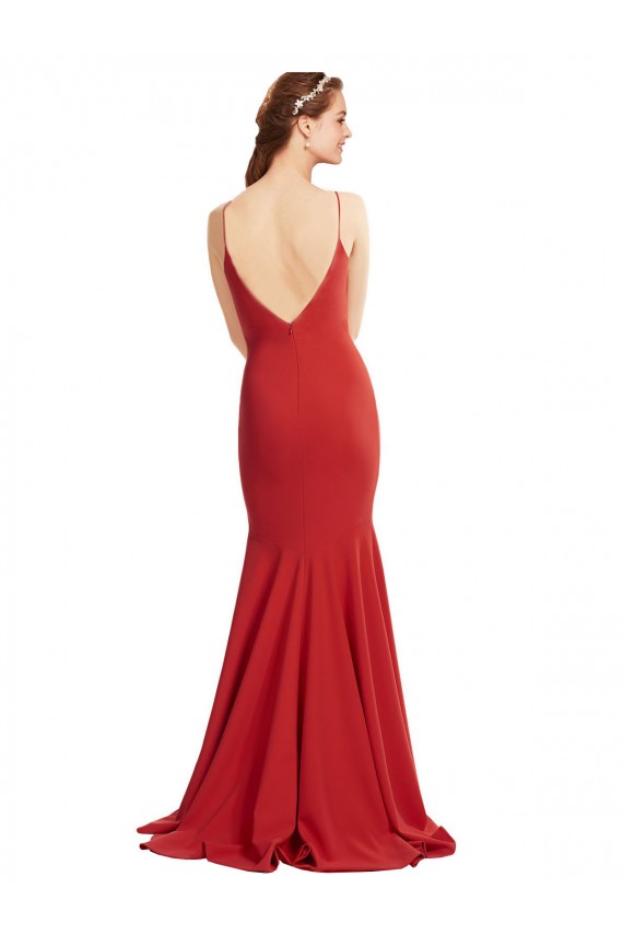 Rojo Sirena Tirantes espagueti Cuello en V Crepé Elástico Largo Formales Vestidos de dama de honor / Vestidos de fiesta