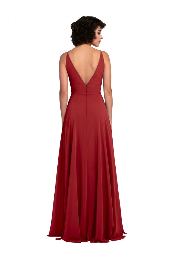 Rojo línea A Cuello en V Gasa Largo Vestidos de dama de honor