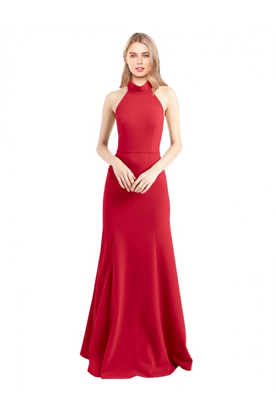 Rojo línea A Halter Cuello Alto Crepé Elástico Largo Formales Vestidos de dama de honor / Vestidos de fiesta