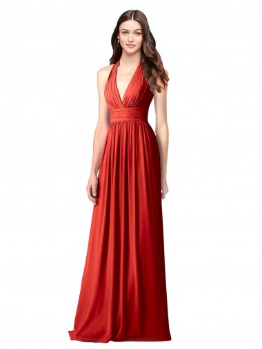 Rojo línea A Halter Cuello en V Gasa Largo Vestidos de dama de honor