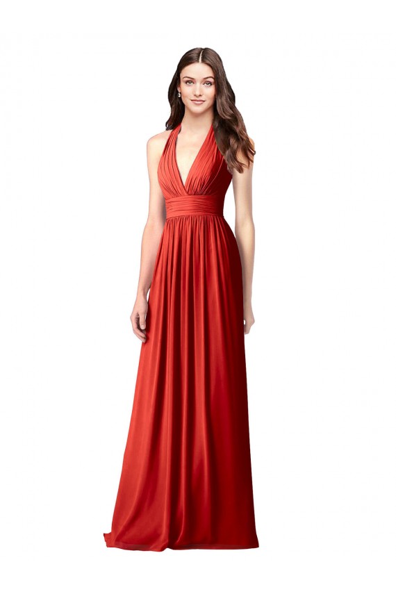 Rojo línea A Halter Cuello en V Gasa Largo Vestidos de dama de honor