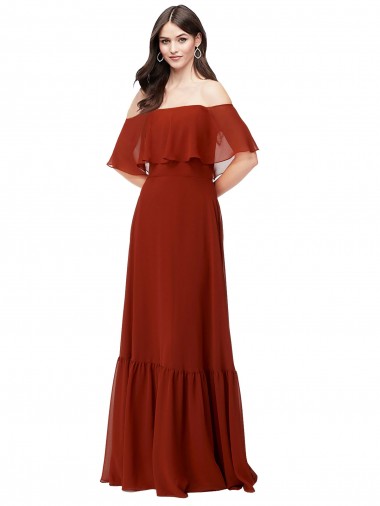 Rojo línea A Hombros Descubiertos Gasa Largo Vestidos de dama de honor