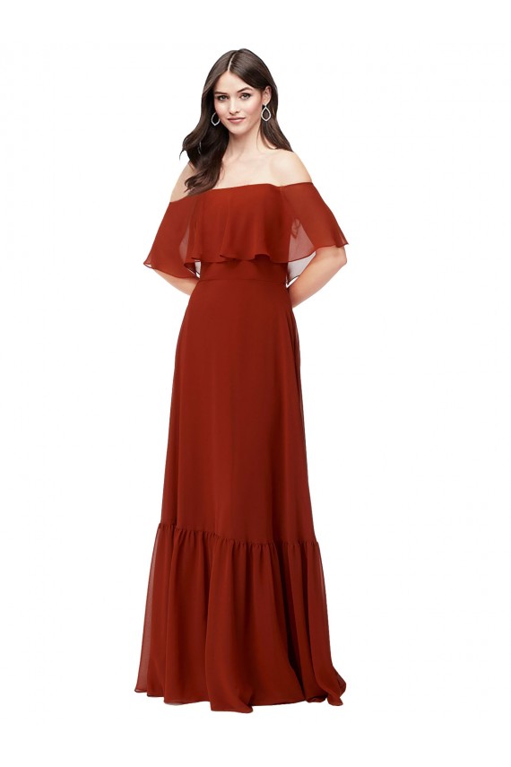 Rojo línea A Hombros Descubiertos Gasa Largo Vestidos de dama de honor