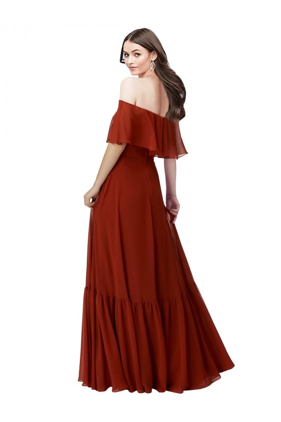 Rojo línea A Hombros Descubiertos Gasa Largo Vestidos de dama de honor