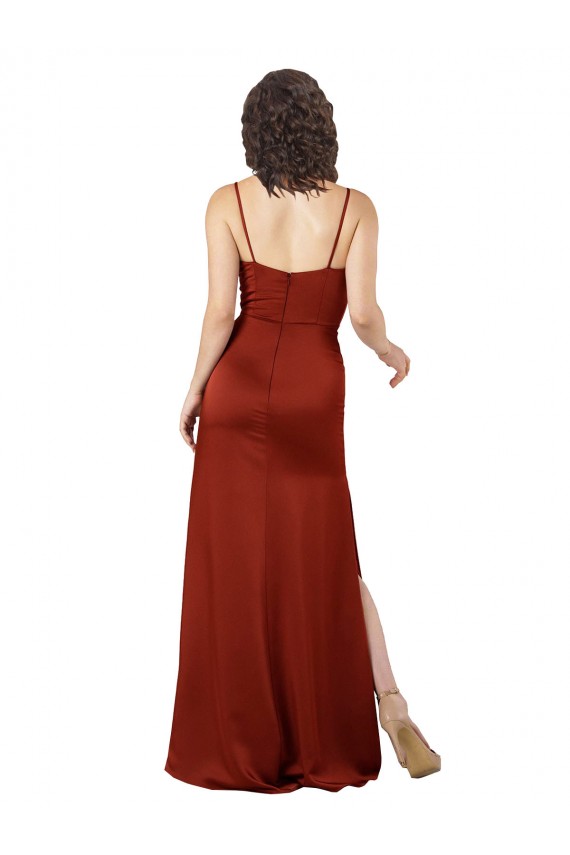 Rojo línea A Tirantes espagueti Cuadrado Satén sedoso Largo Formales Vestidos de dama de honor / Vestidos de fiesta